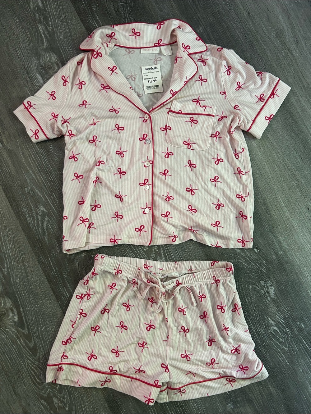 Shabby Chic Pink & White Short Pajama Set with Red Bow Print Size Small NEW